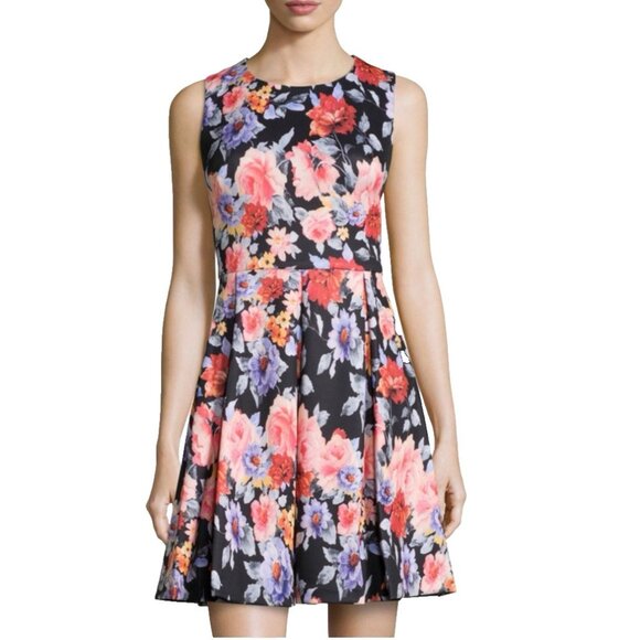 Betsey Johnson Dress 12 Blue Orange Floral Stretch A Line Colorful Career Church - Picture 2 of 6